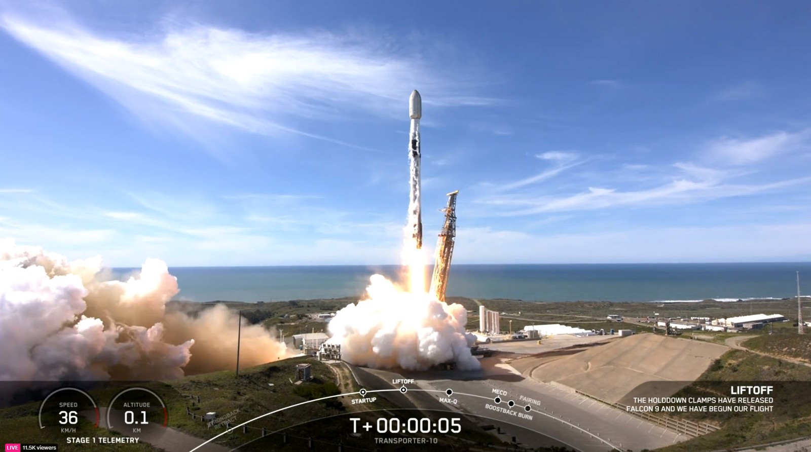 Rocket launching with flames and smoke against a clear blue sky.