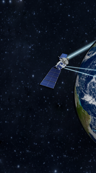 Satellite in space with beams pointing towards Earth.