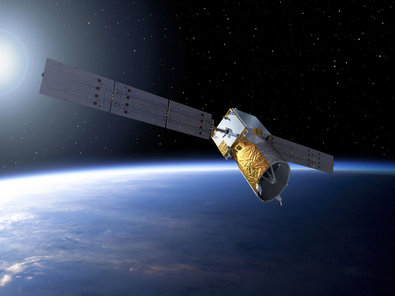 Satellite orbiting Earth with the Sun and stars in the background.