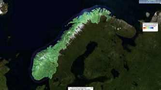 Map of Norway with color-coded data overlay and a legend indicating velocity in mm/year.