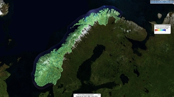 Map of Norway with color-coded data overlay and a legend indicating velocity in mm/year.