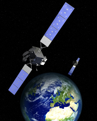 Two satellites orbiting above the Earth with a view of the European and African continents.