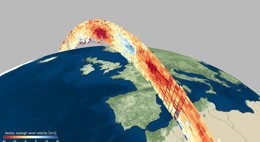 A 3D visualization of Aeolus satellite above Earth.