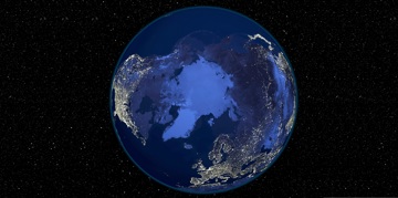 A view of Earth from space focusing on the Arctic region with city lights visible across North America, Europe, and Asia.