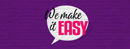 Text "We make it EASY" on a white speech bubble against a purple brick wall background.