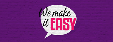 Text "We make it EASY" on a white speech bubble against a purple brick wall background.