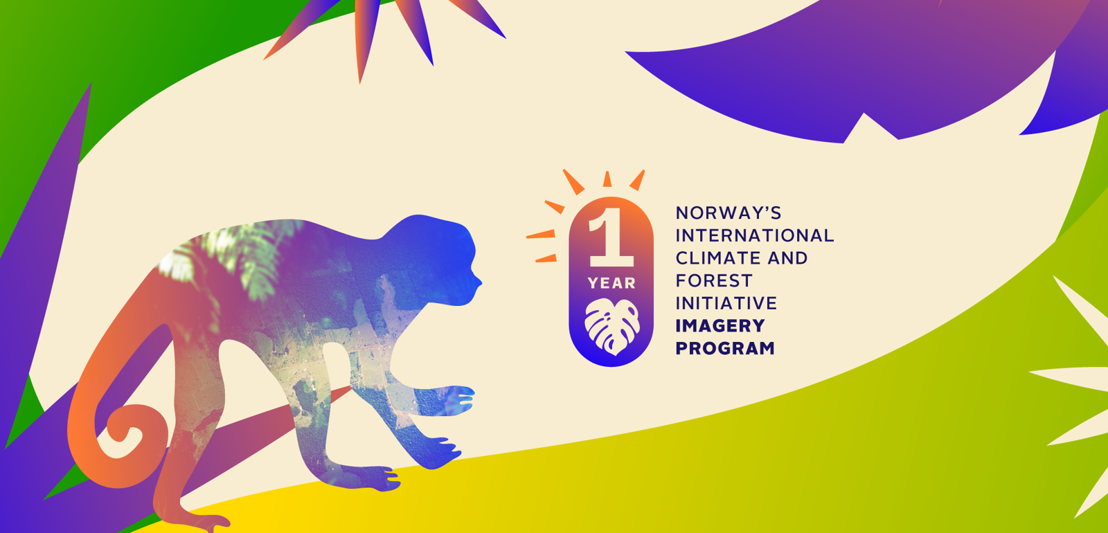 Banner celebrating 1 year of Norway's International Climate and Forest Initiative Imagery Program, featuring a colorful monkey silhouette and text: 'Providing satellite imagery of the world's tropical forests,' with logos of NICFI, KSAT, Planet, and Airbus at the bottom.