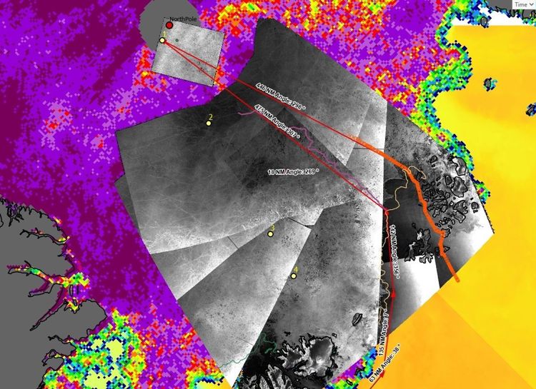 Satellite image of a region near the North Pole, displaying various angles and paths marked in red lines, with a colorful heat map overlay in purple, yellow, green, and red.