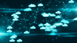 Abstract digital illustration of interconnected clouds representing cloud computing and networking.