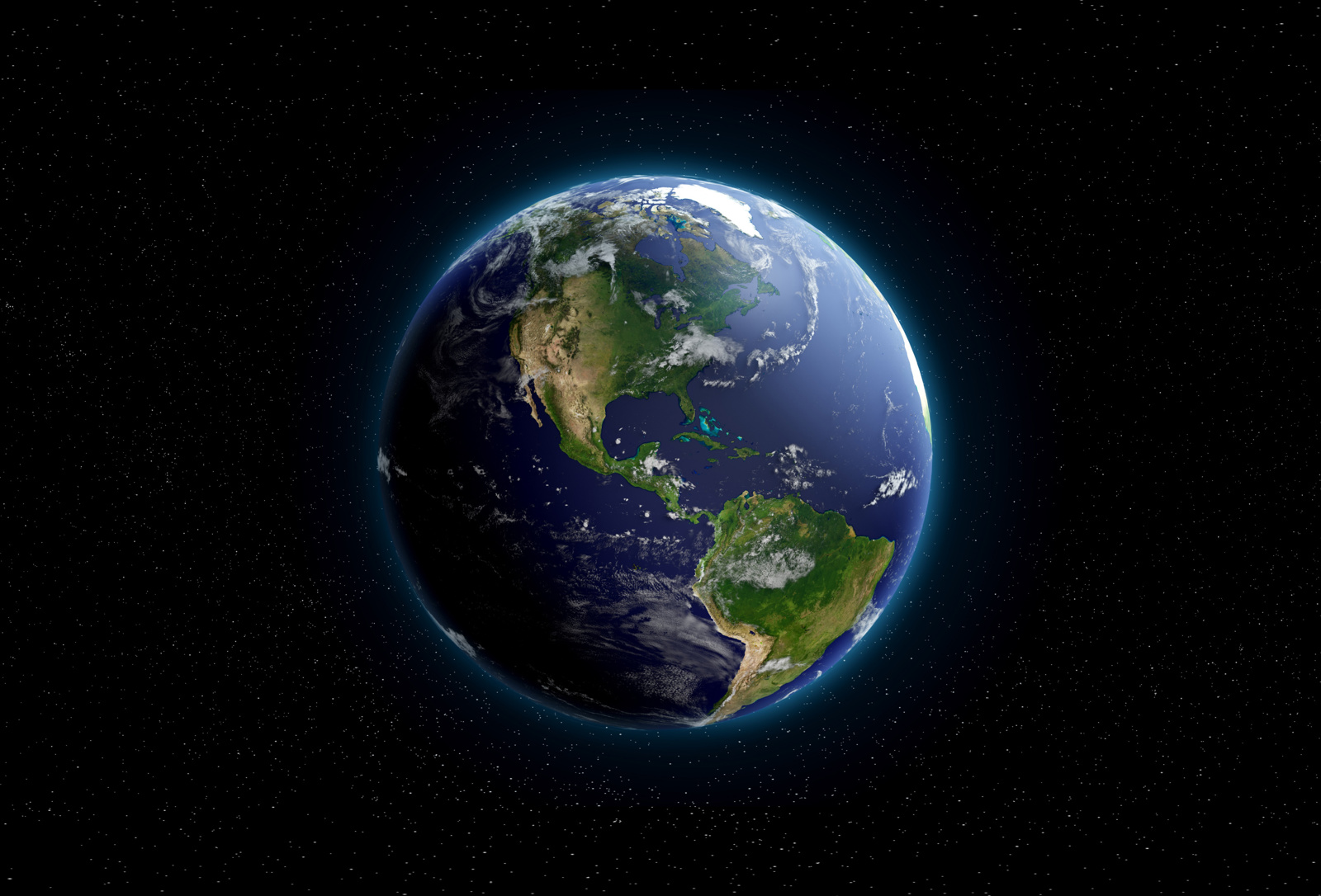 View of Earth from space, focusing on North and South America with a backdrop of stars.