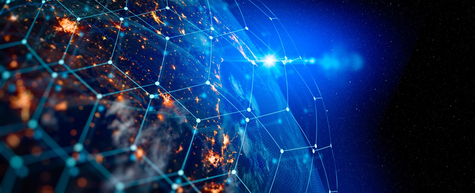 Digital illustration of Earth from space with interconnected network nodes overlaying the continents.