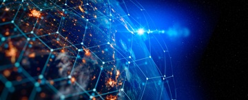 Digital illustration of Earth from space with interconnected network nodes overlaying the continents.