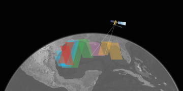 Satellite in space capturing overlapping colored data segments over a map of Earth.