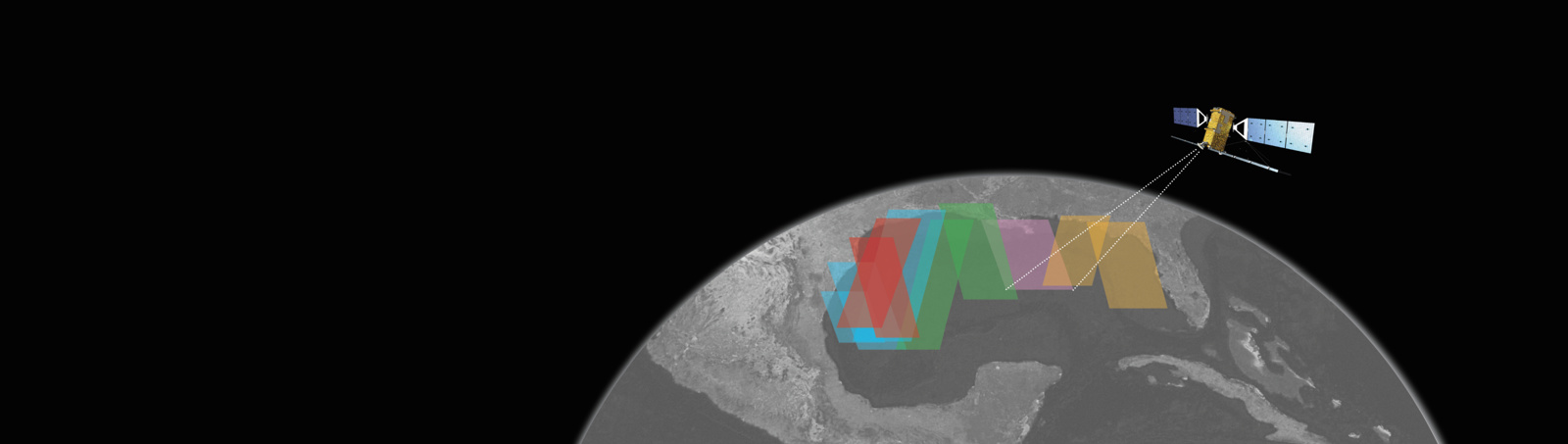 Satellite in space capturing overlapping colored data segments over a map of Earth.