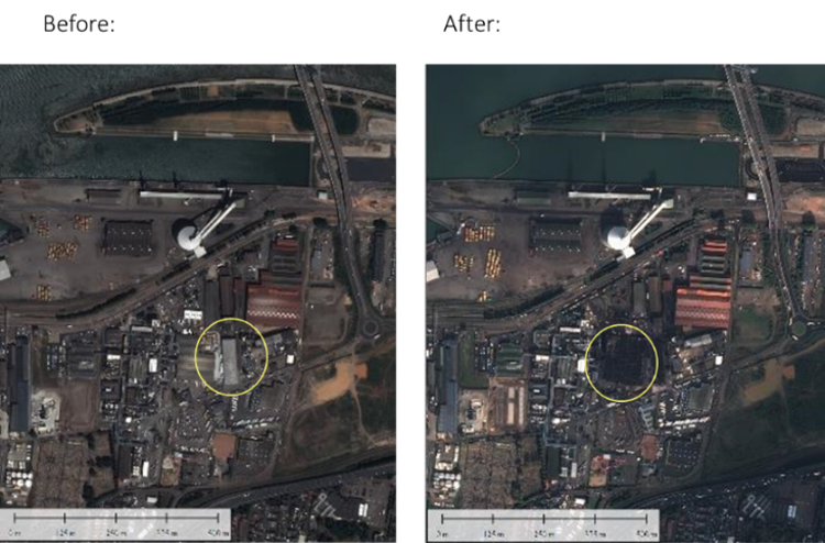Side-by-side satellite images labeled 'Before' and 'After' showing an industrial area with a noticeable change circled in yellow. The 'Before' image depicts a less developed area, while the 'After' image shows new structures and development.