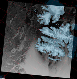 A satellite image showing ice-covered areas and rugged terrain on the right, transitioning to darker, rocky terrain on the left, overlaid with red latitude and longitude grid lines.