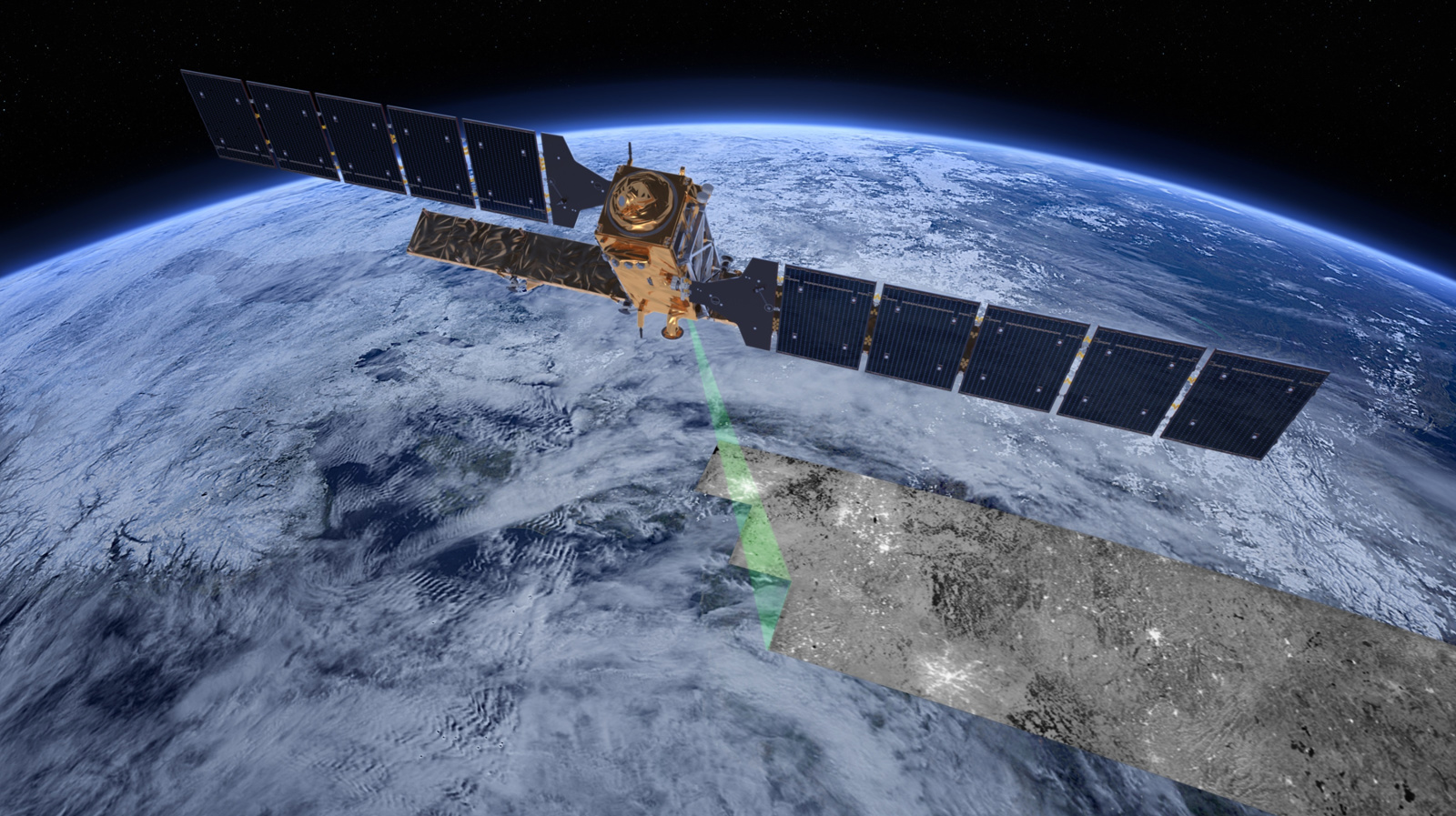 Satellite orbiting Earth, emitting a green beam scanning the planet's surface, capturing detailed imagery.