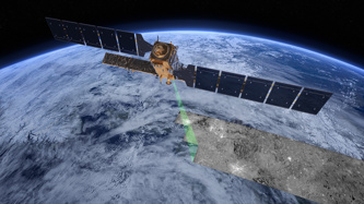 Satellite orbiting Earth, emitting a green beam scanning the planet's surface, capturing detailed imagery.